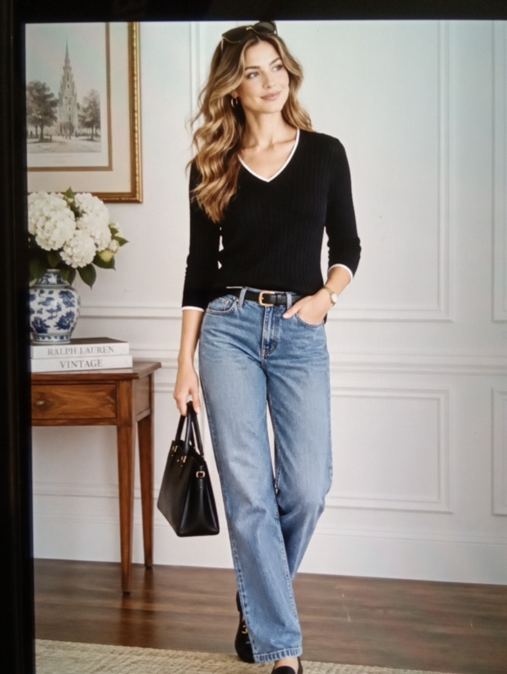 Lauren Ralph Lauren Vintage V Neck Ribbed Knit Preppy Old Money Womens M